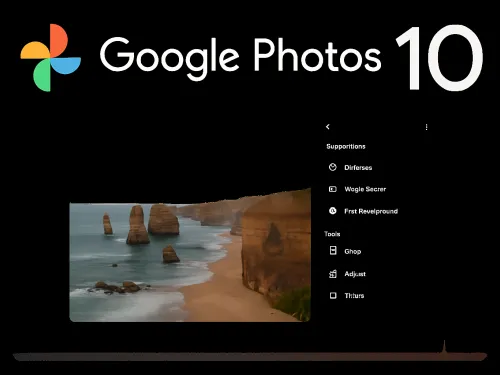 Logo of Google Photos 10 with coastal photo and menu.