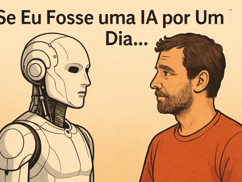 Homem encarando robô humanoide, fundo bege.