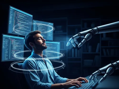 Homem programando com hologramas e braços robóticos ao redor.